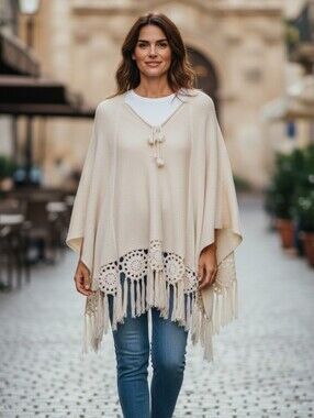 NWT Selfie Couture by Trendology Elegant Cream Fringe Poncho Cape